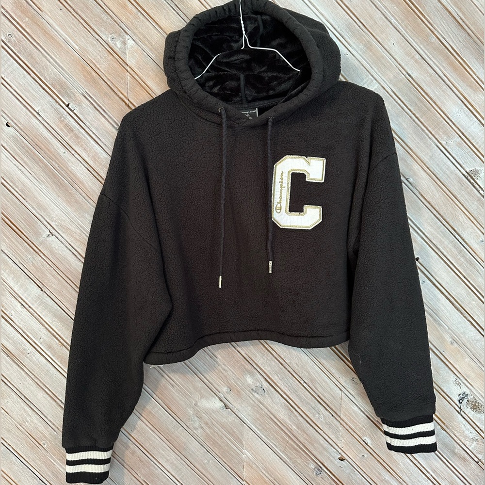 Champion Black & Gold Cropped Fur Lined Sherpa Hoodie Embroidered Logo